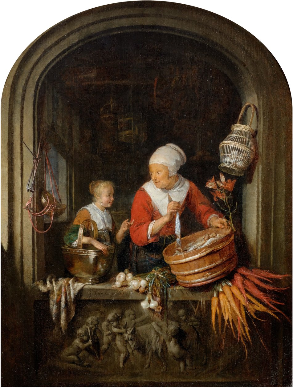 Kvinde sælger sild og pige i et vindue af Gerrit Dou