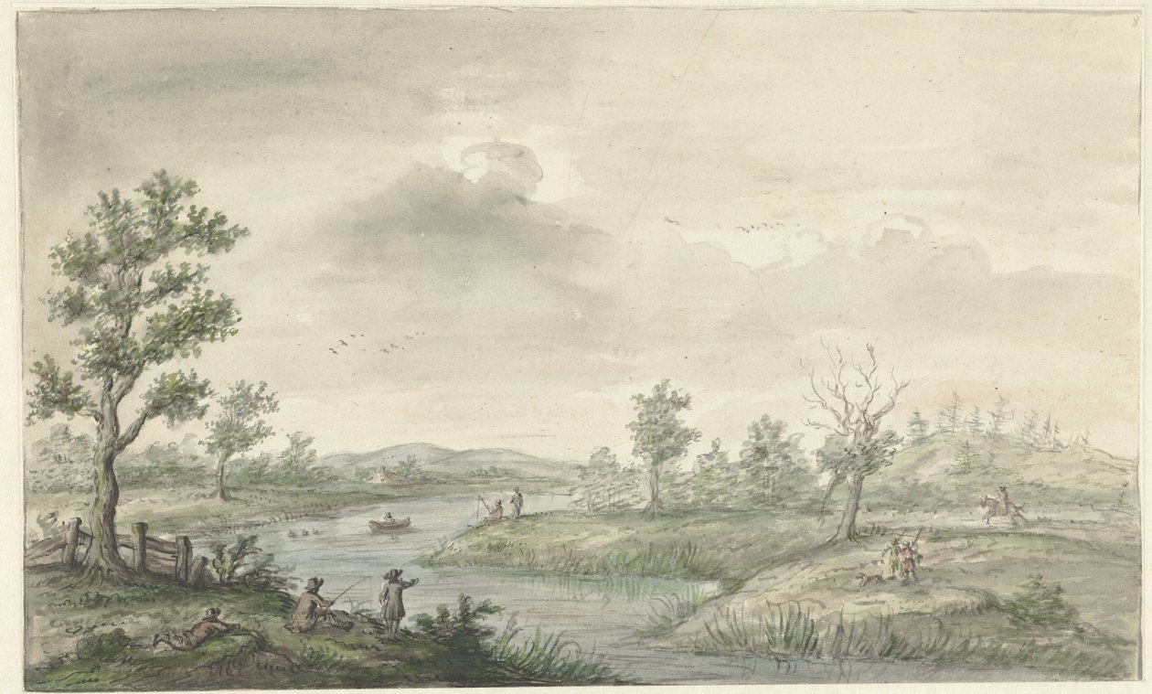 Landskab med snoede flod og lystfiskere af Gerrit Grasdorp (possibly)