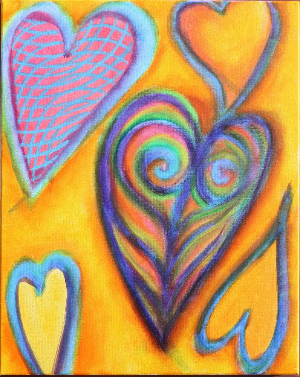 Hearts on Yellow, 2023 (akryl på lærred) af Gerrit Greve