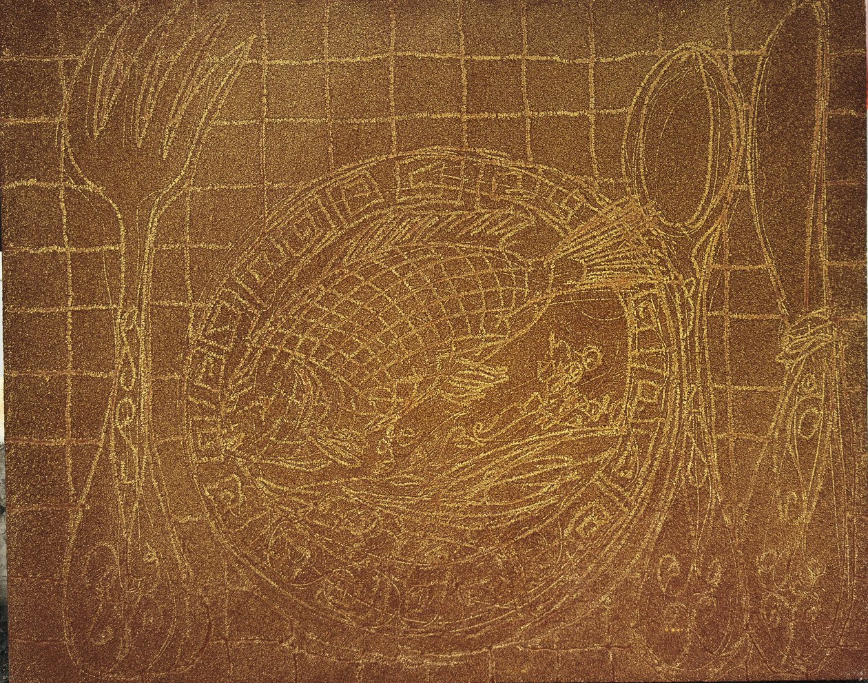 Visdiner (Stilleben med fisketallerken). 2010 (sand og akryl på lærred) af Gerrit Greve