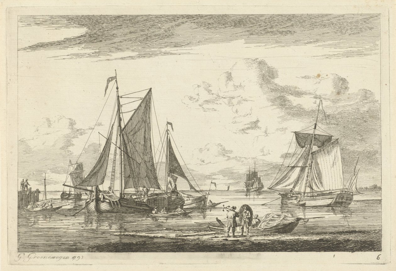 Strand og hav med forskellige både af Gerrit Groenewegen