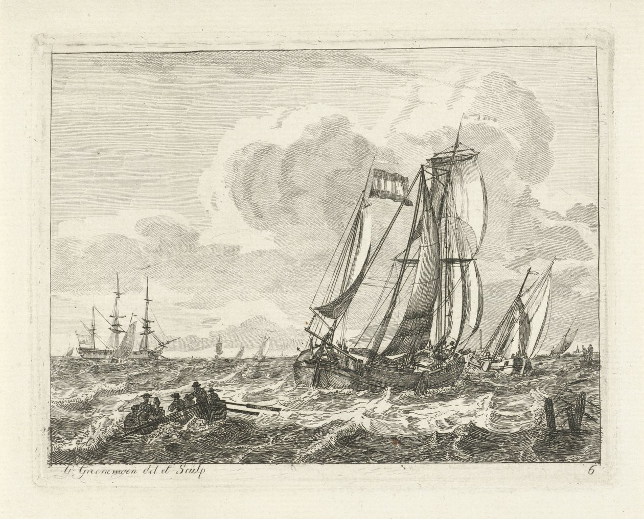 Sejlskibe og en robåd på åbent vand Havlandskaber med skibe (serietitel) af Gerrit Groenewegen