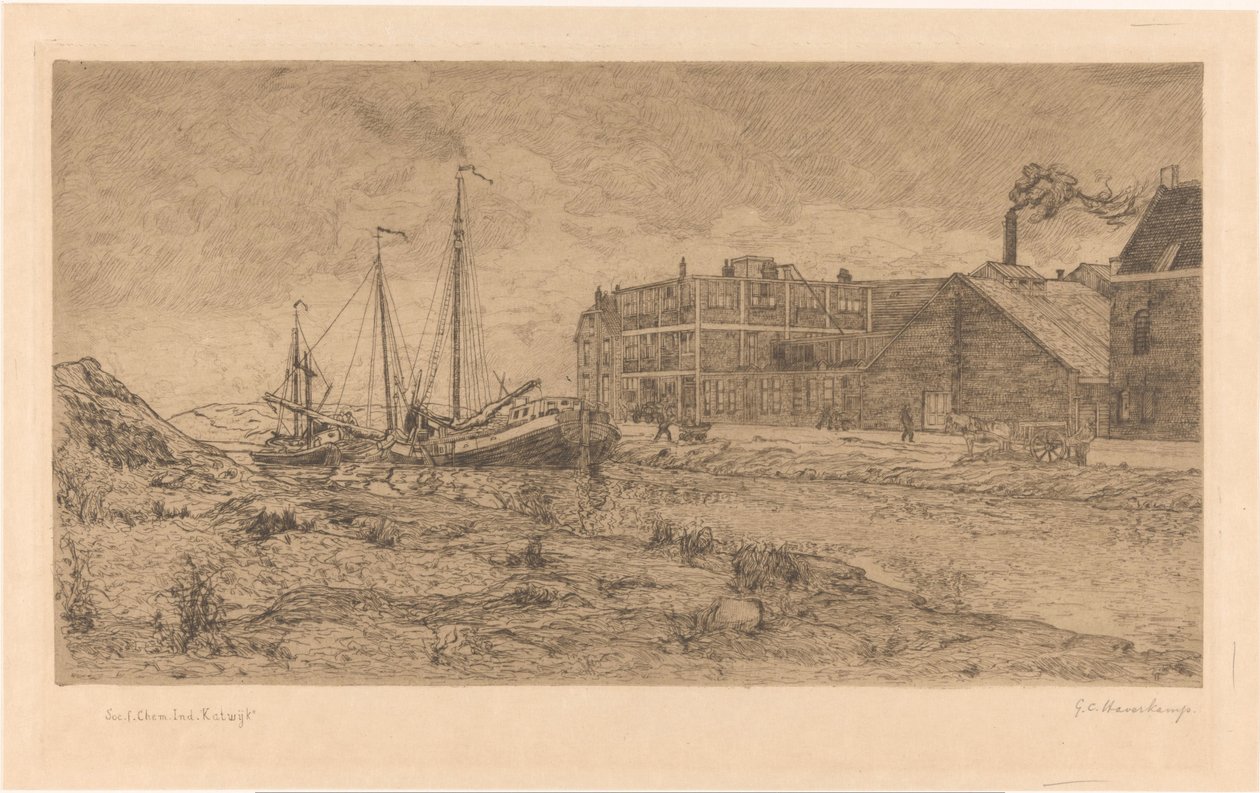 Fortøjede pramme på en fabrik af Gerrit Haverkamp (signed by artist)