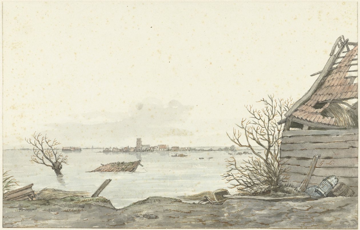 Udsigt over det oversvømmede Ransdorp, februar 1825 af Gerrit Lamberts