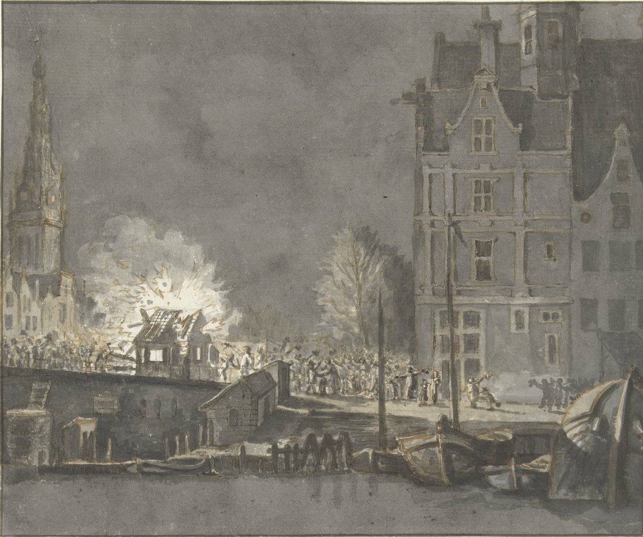 Afbrænding af toldhusene ved Nieuwebrug i Amsterdam af Gerrit Lamberts
