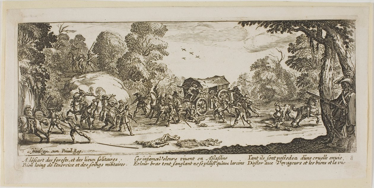 Attack on a Coach, planche otte fra The Large Miseries of War af Gerrit Lucasz van Schagen