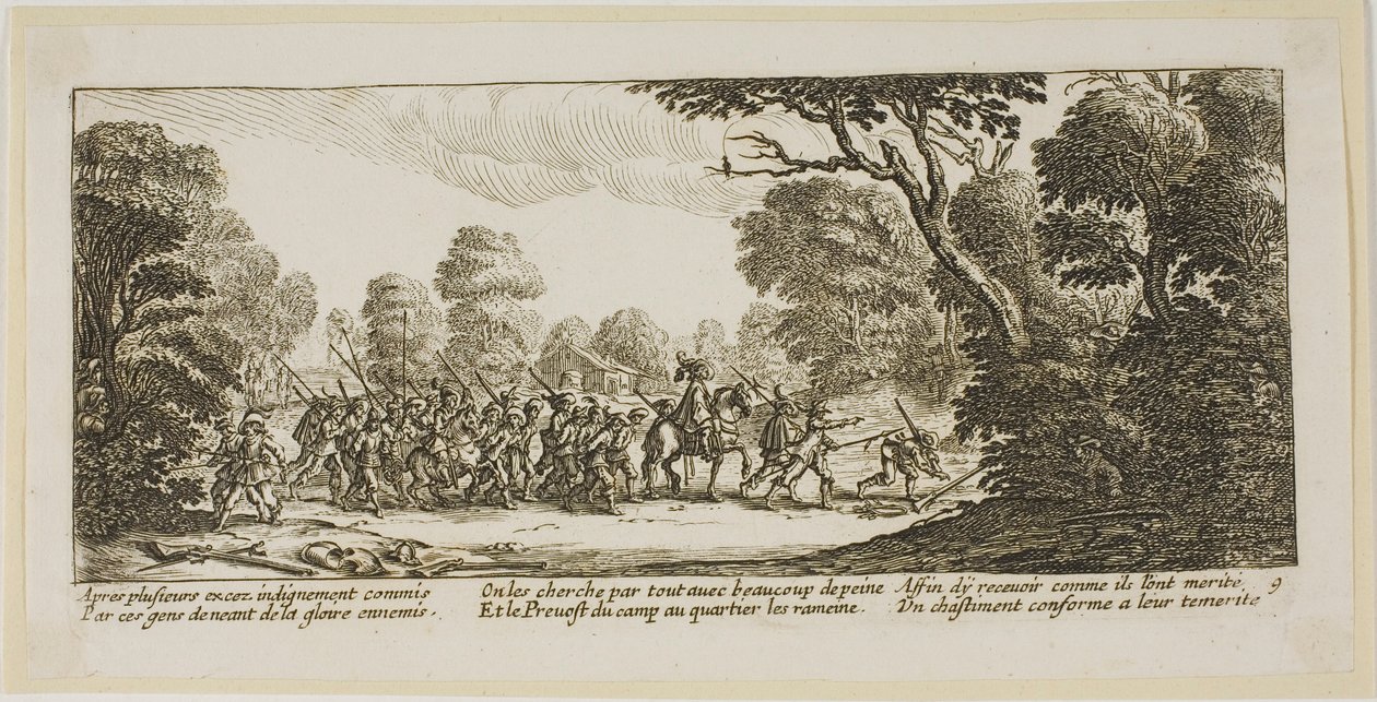 Opdagelsen af de kriminelle soldater, planche ni fra Krigens store elendighed af Gerrit Lucasz van Schagen
