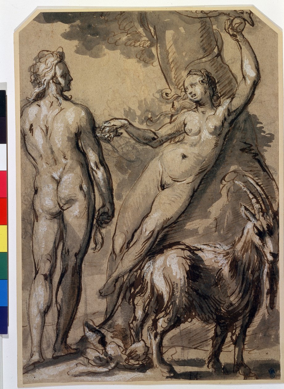 ""Adam og Eva"" Eva plukker den forbudte frugt og rækker den til Adam. Pentegning af Gerrit Pietersz (1566-cirka 1616) Slutningen af ​​1590