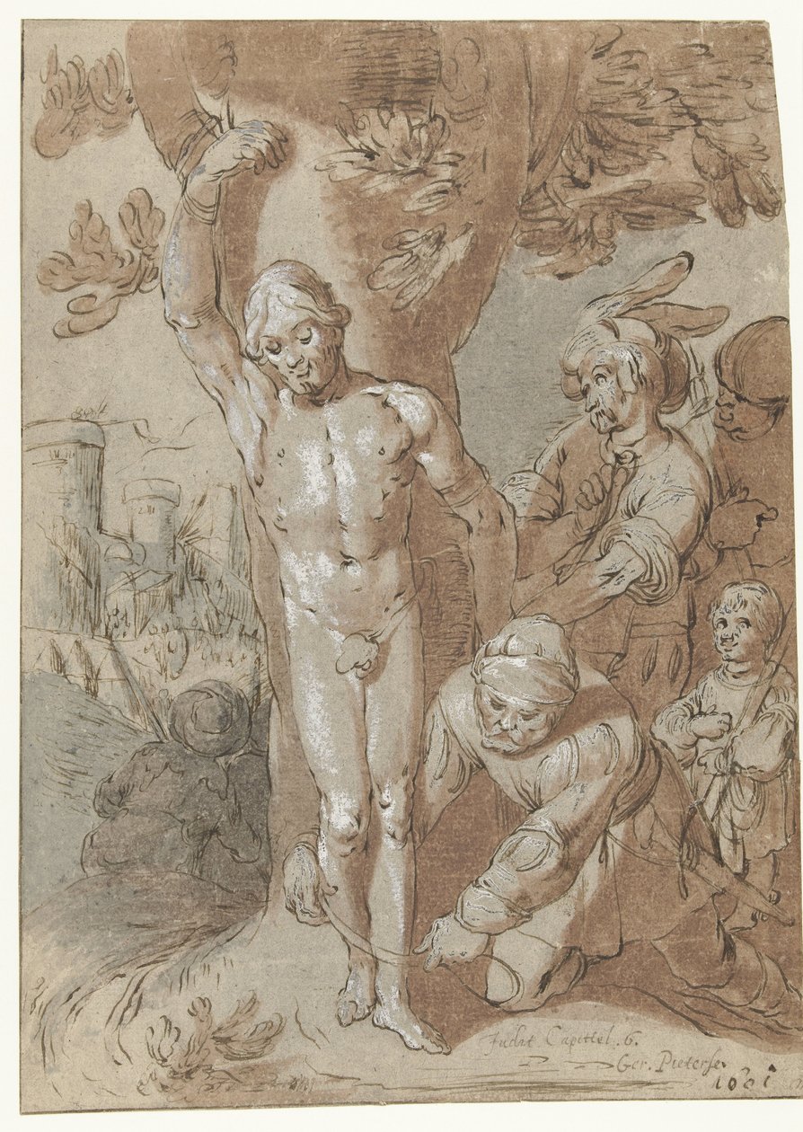 Achior er bundet til et træ af Gerrit Pietersz. Sweelink