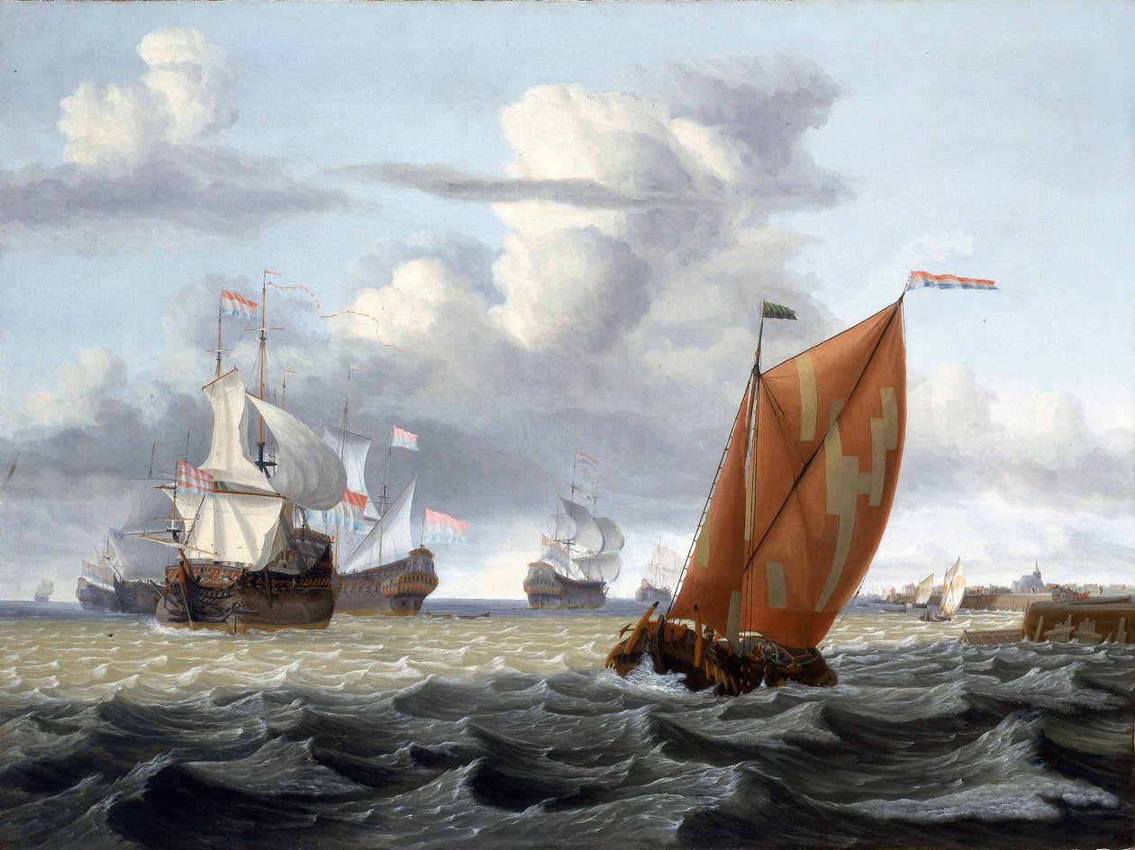 Sejlads ud for en hollandsk havn med kirketårn og et par bygninger, sandsynligvis Enkhuizen (Holland) ved Zuiderzee (eller Zuyderzee eller Sydhavet) og beskrivelse af en lang række fartøjer: sildefiskerbåd og fartøjer fra Dutch East India Co. af Gerrit Pompe