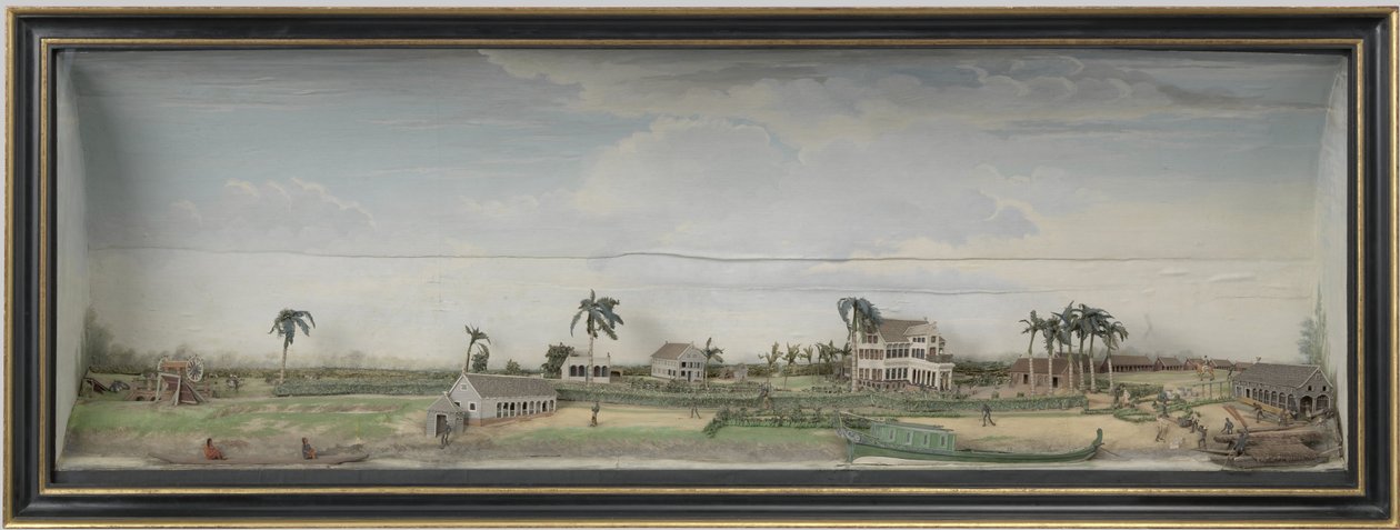 Diorama fra Zeezigt kaffe- og bomuldsplantagen i Surinam, ca. 1815-21 træ og malet papir af Gerrit Schouten