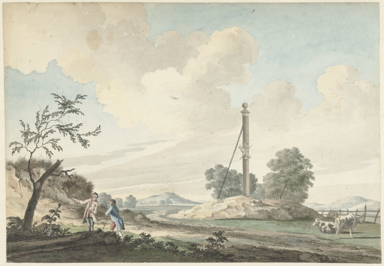 Landskab ved klitterne med en milepæl og to vandrere af Gerrit Toorenburgh