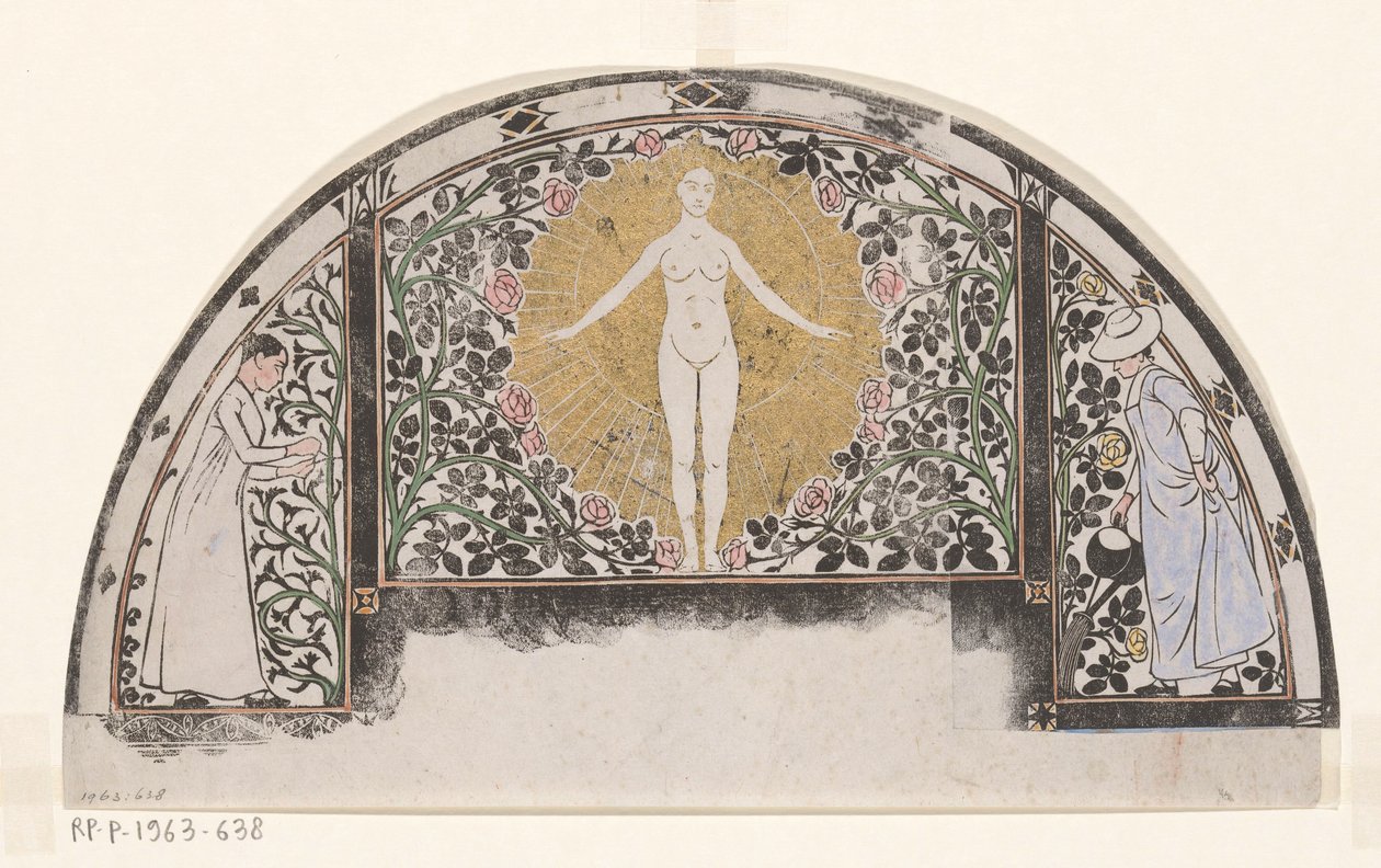 Design til en kalenderramme for 1901 med kvinder og blomster af Gerrit Willem Dijsselhof