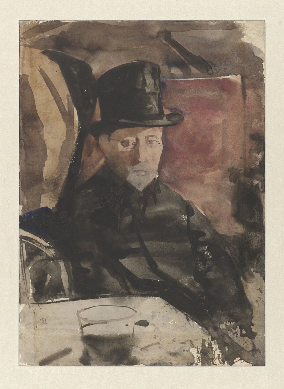 Siddende mand med høj hat på en café af Gerrit Willem Dijsselhof