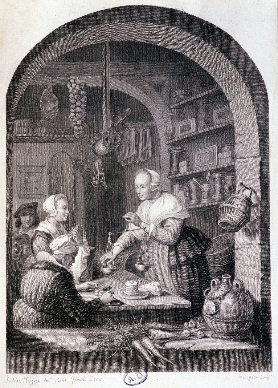 Landsbykøbmand vejer med vægt. sd. 1700-tallet af Gerrit or Gerard (after) Dou