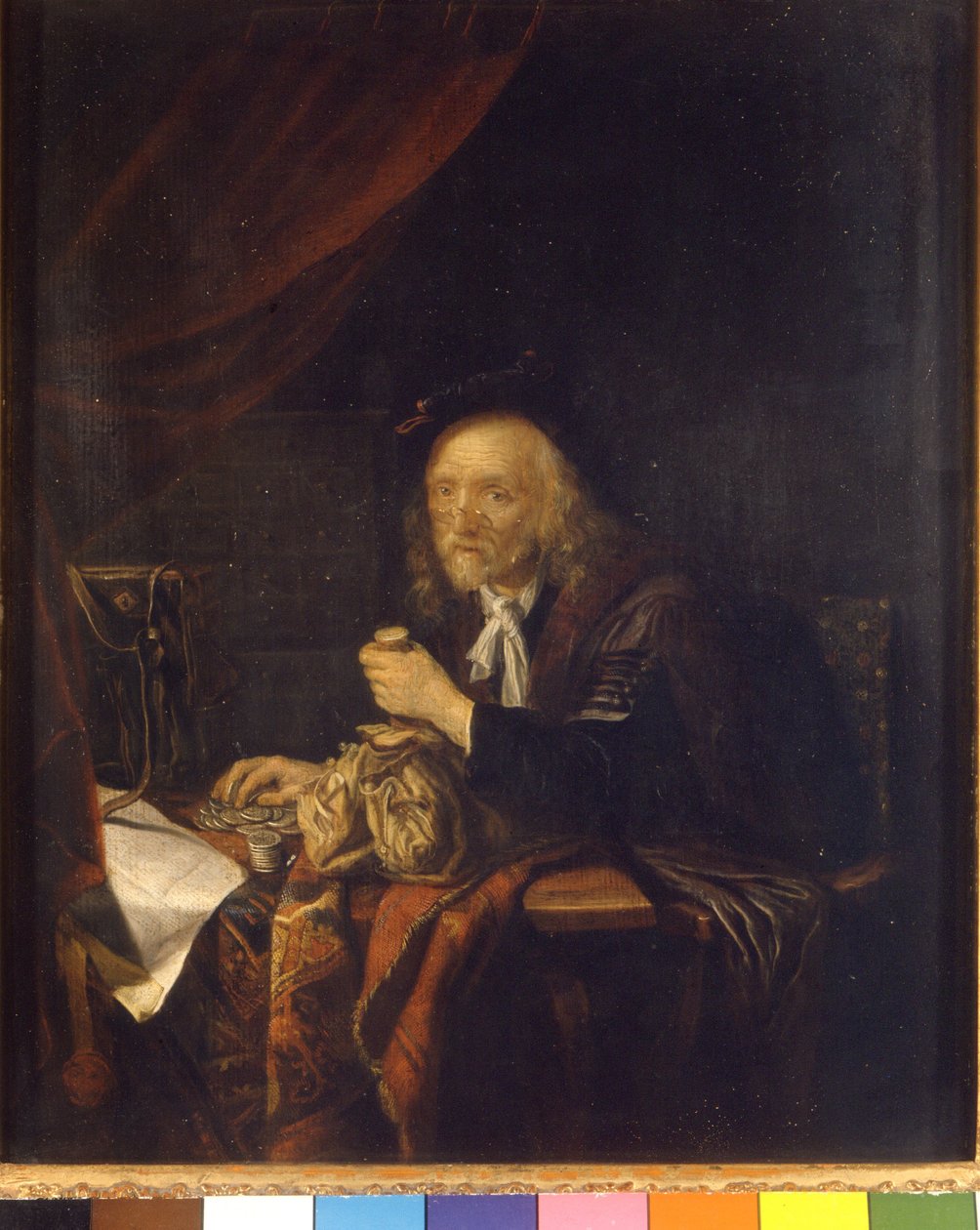 En mistroisk mand tæller sine penge ved at holde en pung i hånden. Maleri af Gerard Dou (eller Gerrit Dow) (1613-1675) 1600-tallets Milano Museo del castello af Gerrit Dou