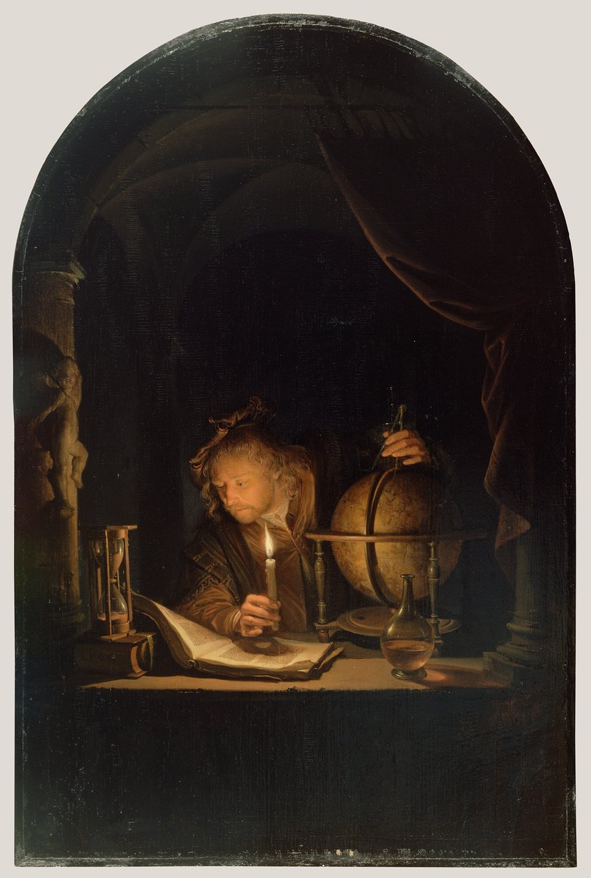 Astronom ved stearinlys, ca.1650 (olie på panel) af Gerrit Dou
