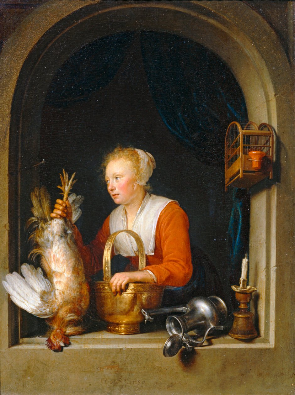 Femme accrochant un coq à sa fenetre, dit aussi La Menagère hollandaise - Kvinde, der hænger en hane op i sit vindfang, også kaldet den hollandske husmor ... af Gerrit or Gerard Dou