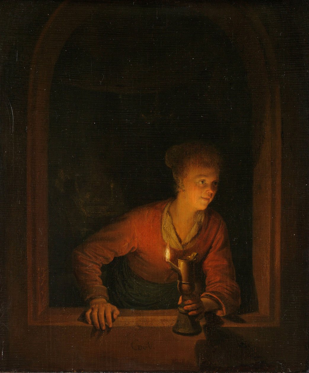 Pige med en olielampe ved et vindue, 1645-75 af Gerrit Dou