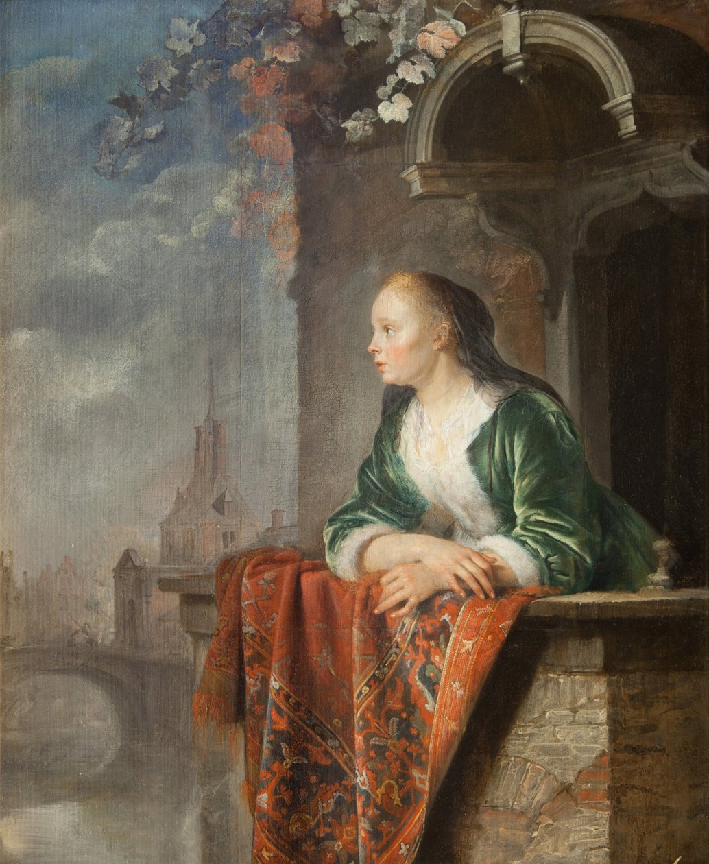 Ung kvinde på en balkon - Ung kvinde på en balkon - Gerard (Gerrit) Dou (1613-1675). Olie på lærred, ca 1665. Nationalgalleriet, Prag af Gerrit Dou