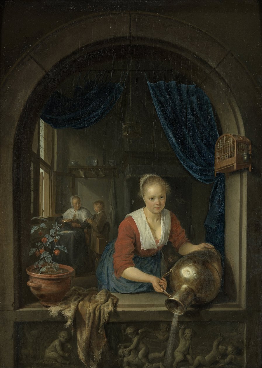 Tjenestepige ved vinduet, ca. 1660 (olie på panel) af Gerrit or Gerard Dou