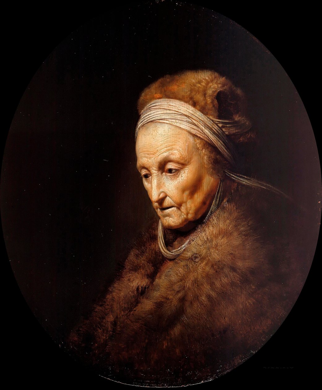 "" Portræt af Rembrandts sø "" (Portræt af Rembrandts mor) Maleri af Gerard Dou (Gerrit Dow) (1613-1675) Olie på træ Dim 23,1x19,7 cm Staatliche Museen, Berlin af Gerrit Dou