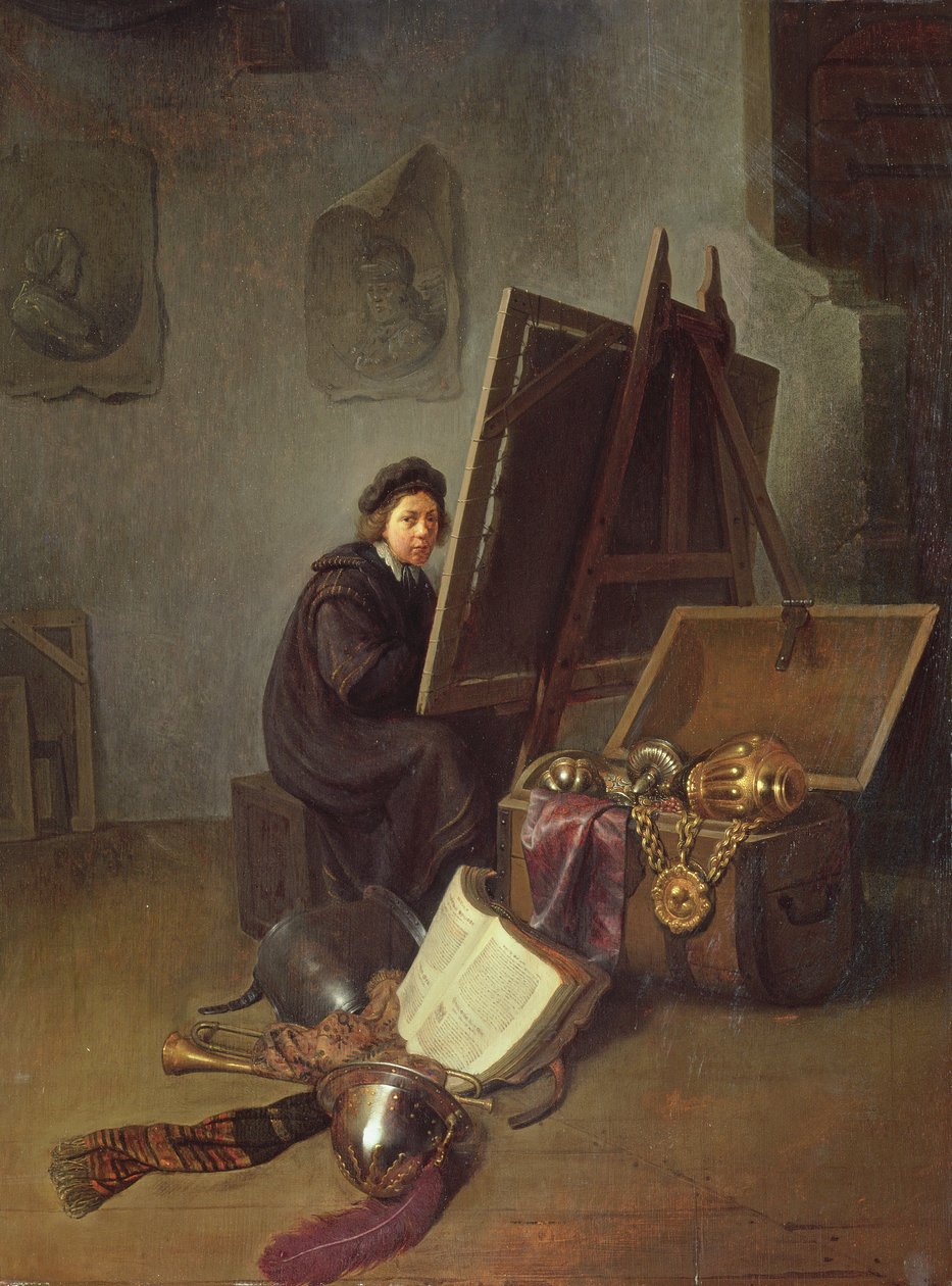 Portræt af kunstneren ved hans staffeli i hans studie af Gerrit Dou