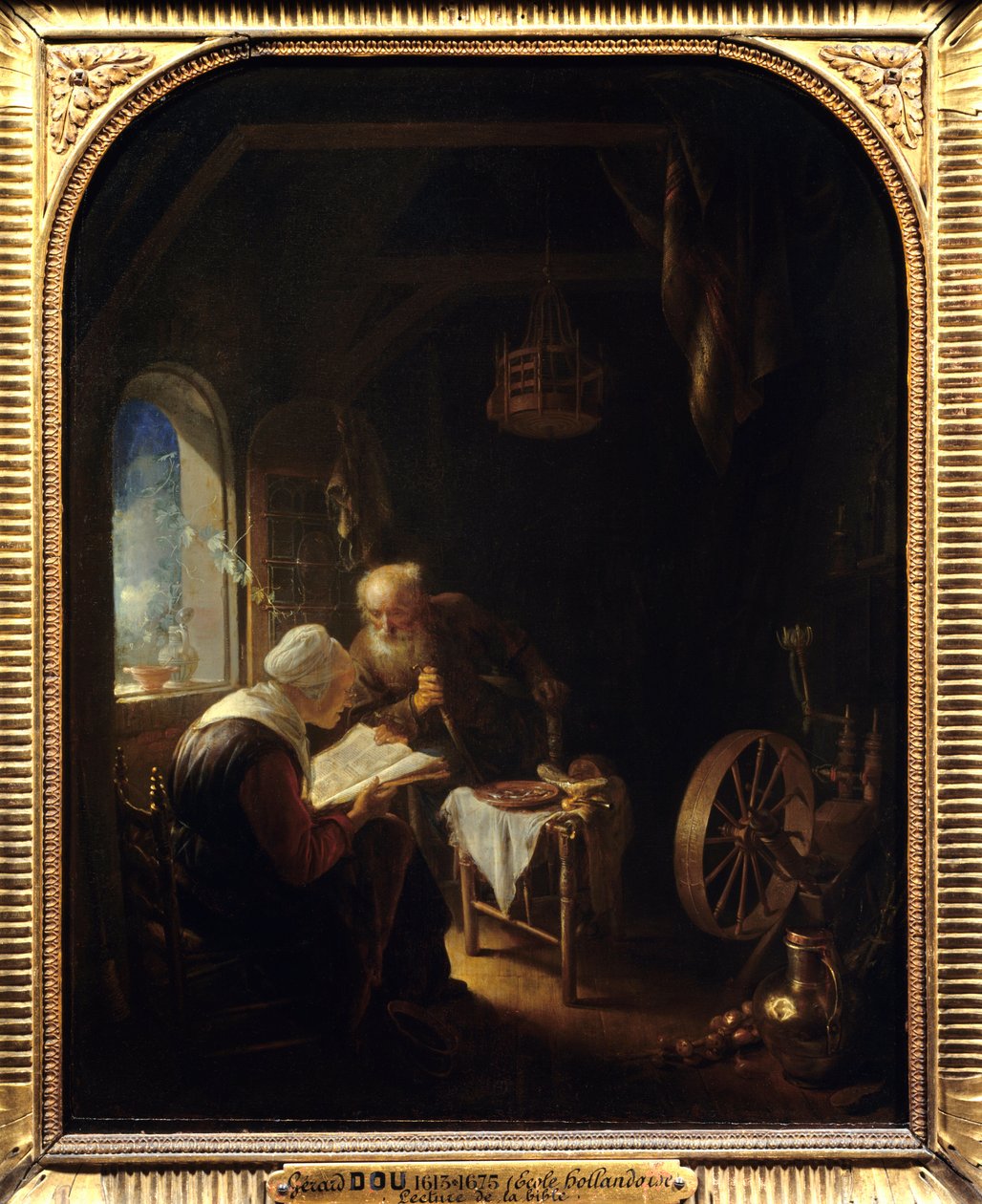Læser Bibelen eller Anne og Tobie - Maleri af Gerard Dou (1613-1675) Ec Hol af Gerrit Dou