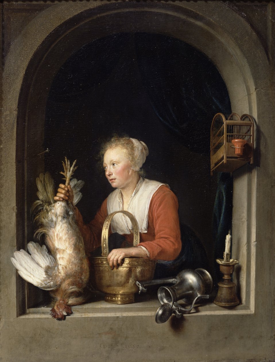 Den hollandske husmor eller kvinden, der hænger en hane i vinduet, 1650 af Gerrit Dou