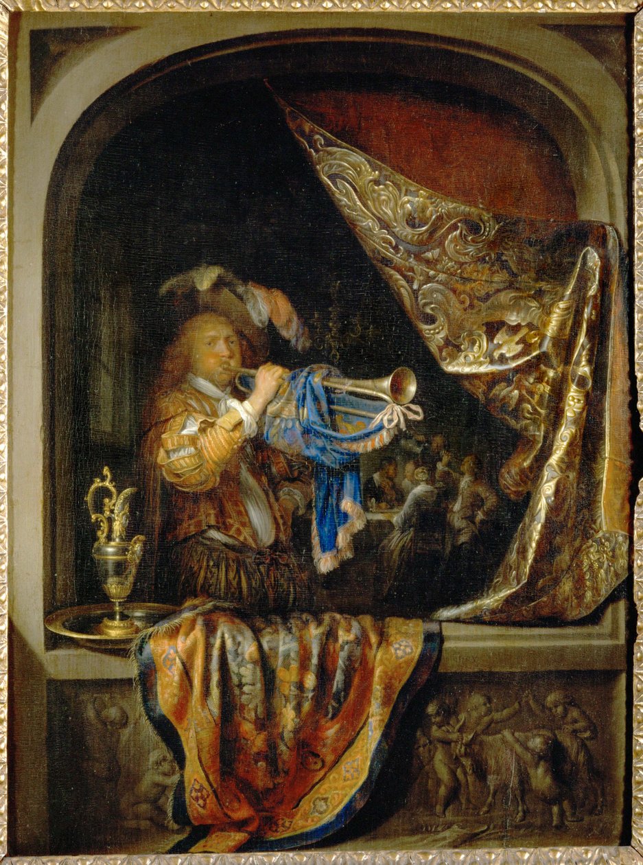 Trompetisten, i baggrunden et festmåltid ... af Gerrit or Gerard Dou
