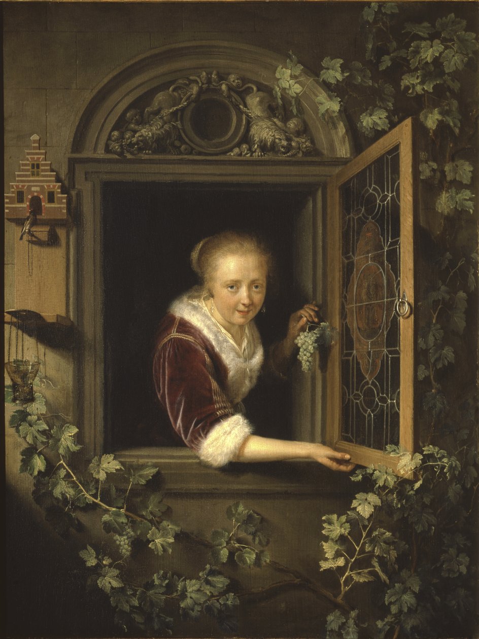 Ung kvinde ved vinduet med en klase vindruer, 1622 af Gerrit Dou