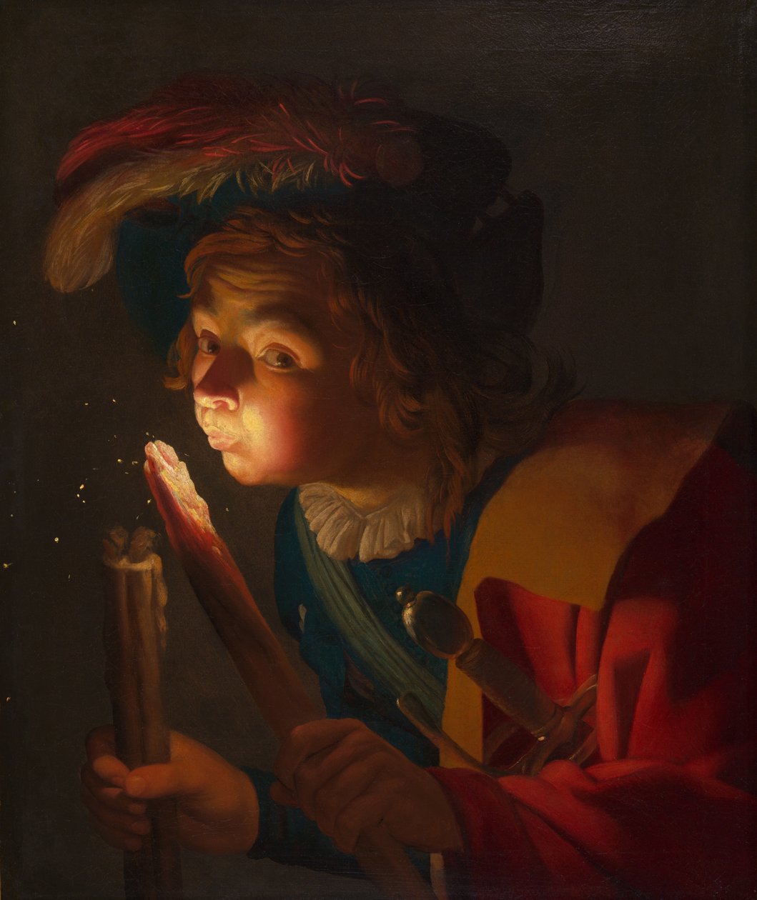 En dreng, der blæser på en ildsjæl af Gerrit van Honthorst