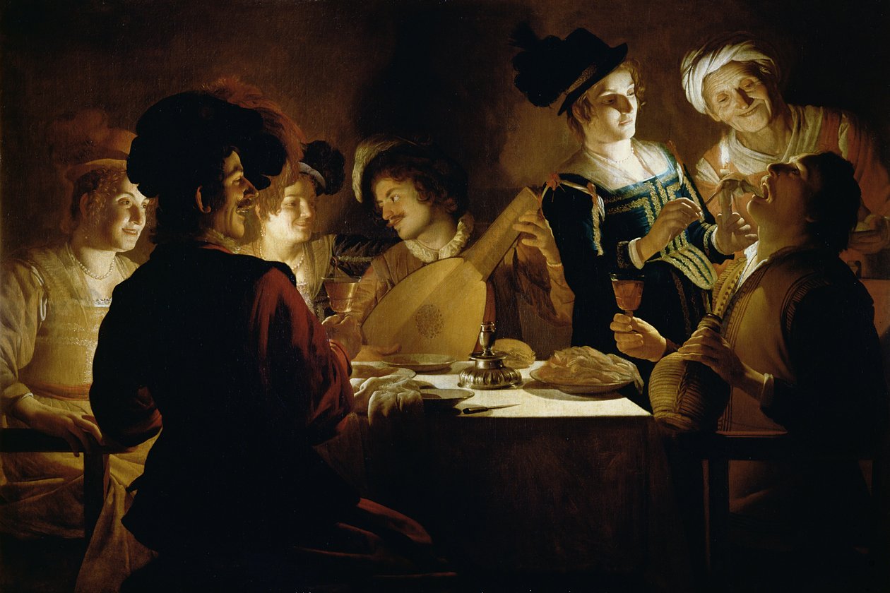 En fest med en lutspiller, ca. 1620 af Gerrit van Honthorst
