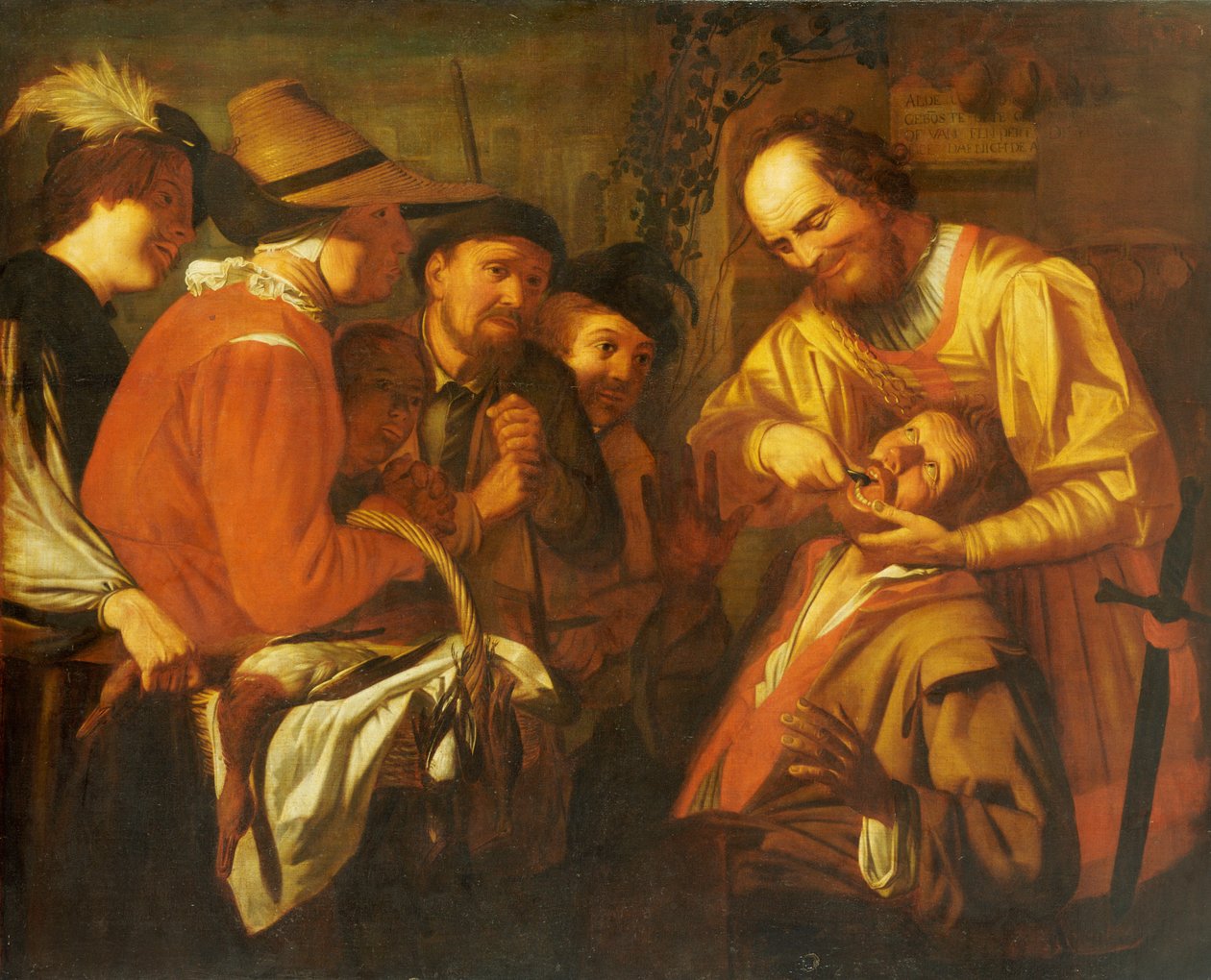 En kvaksalver tandlæge trækker en tand ud, mens en gruppe tilskuere ser i nærheden af Gerrit van Honthorst