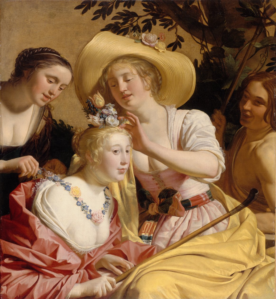 En hyrdinde prydet med blomster af Gerrit van Honthorst