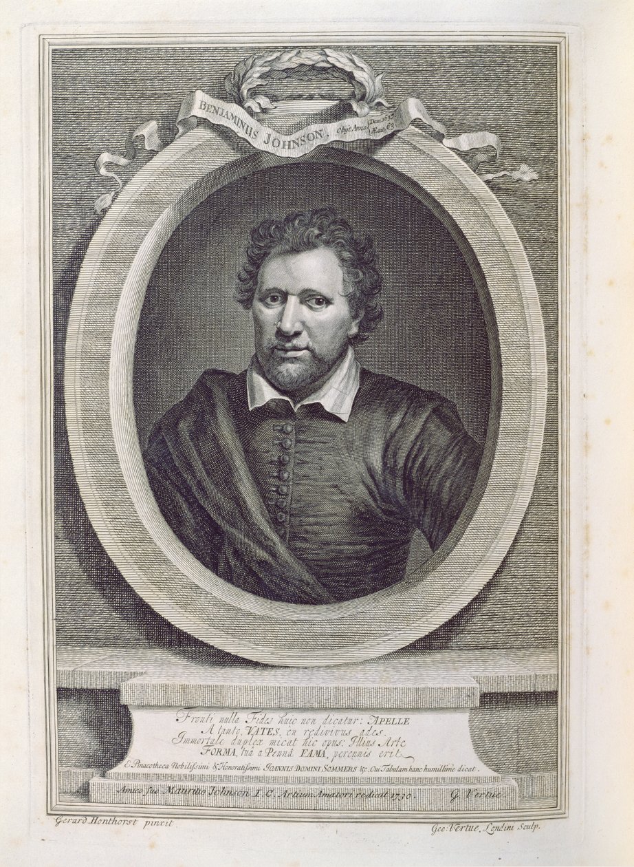 Ben Jonson (1573-1637), graveret af George Vertue (1684-1756), 1730 af Gerrit van Honthorst