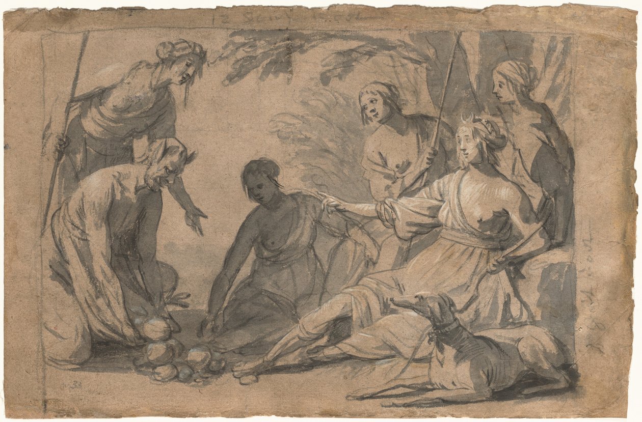 Diana og fire nymfer modtager gaver fra en satyr af Gerrit van Honthorst