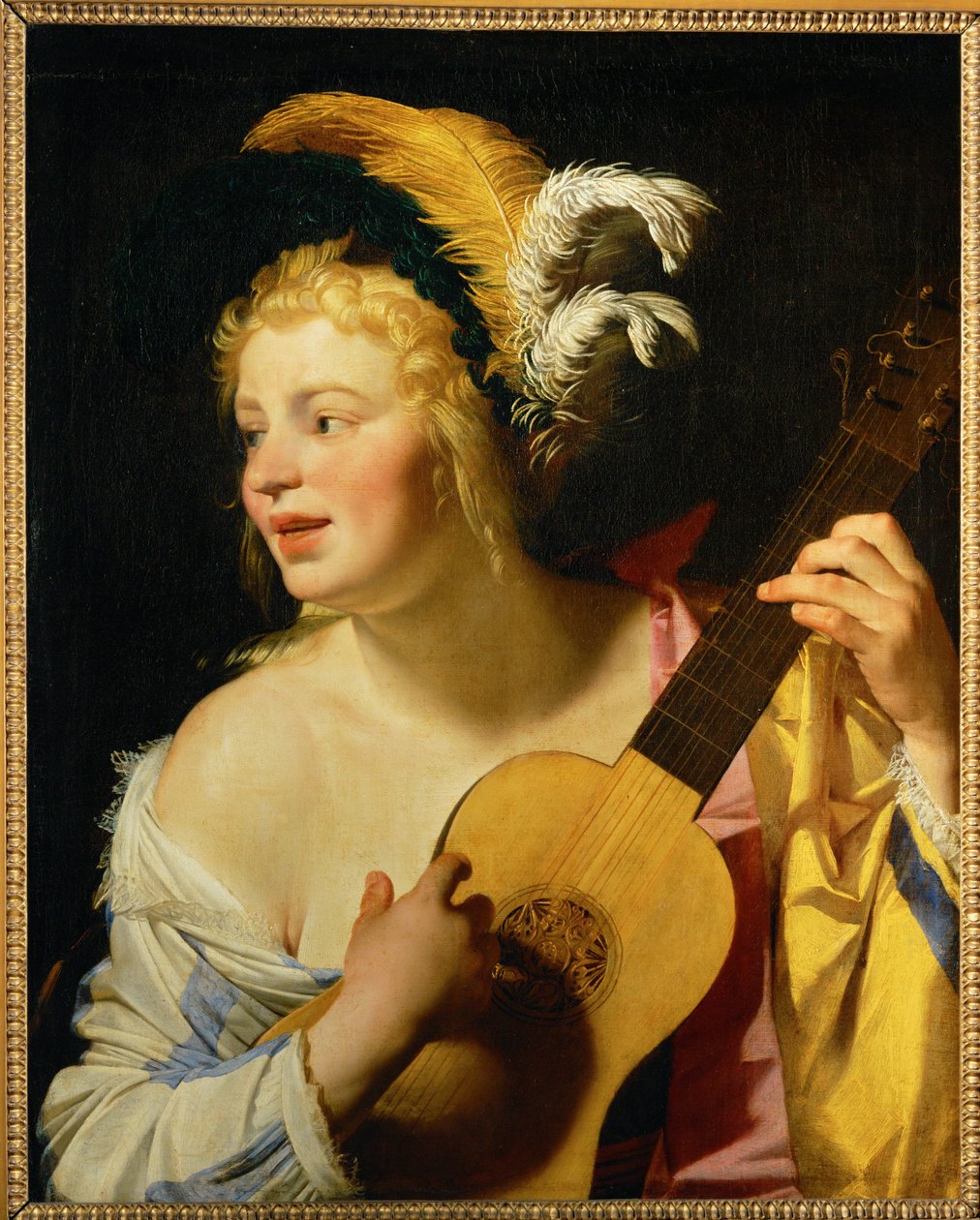 Femme jouant de la guitare - Kvinde, der spiller guitar ... af Gerrit van Honthorst