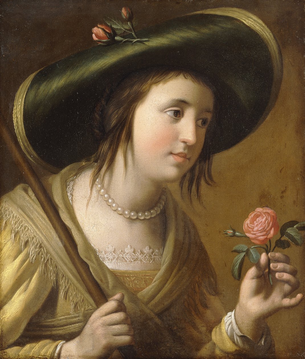 Portræt af prinsesse Elizabeth II van de Palts som en hyrdinde, brystlængde, med en rose, af Gerrit van Honthorst