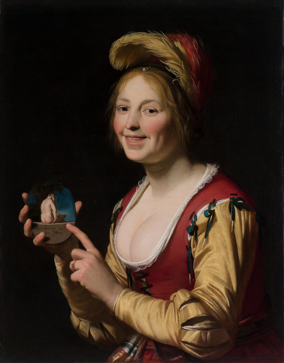 Smilende pige, en kurtisane, der holder et obskønt billede af Gerrit van Honthorst
