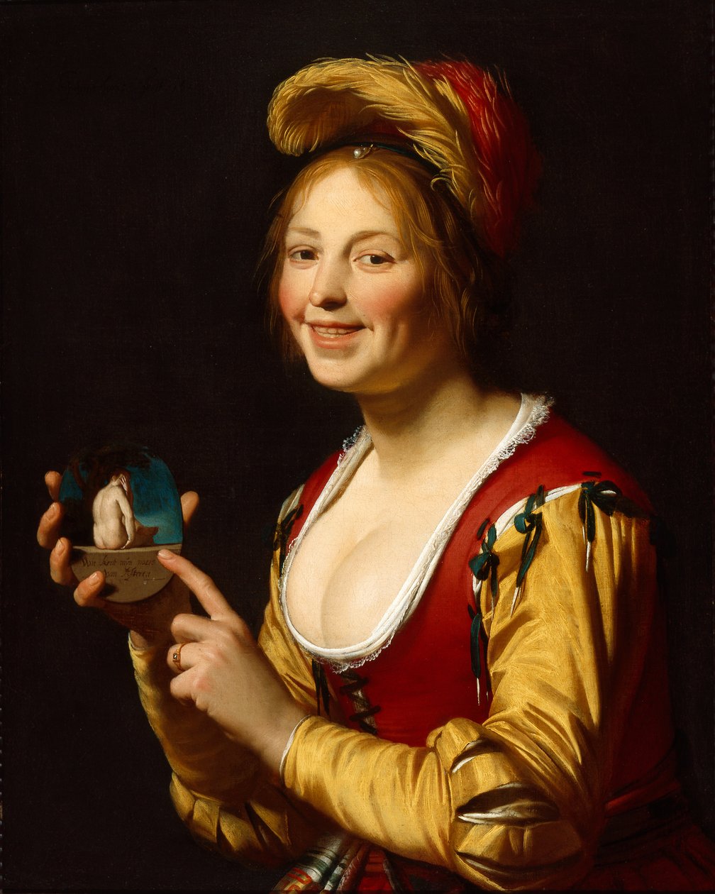 Smilende pige, en kurtisane, der holder et obskønt billede af Gerrit van Honthorst