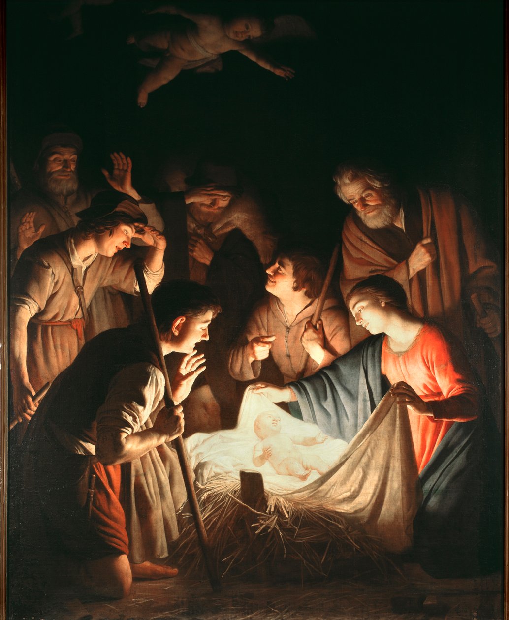 Hyrdernes tilbedelse - olie på lærred, ca. 1640 af Gerrit van Honthorst