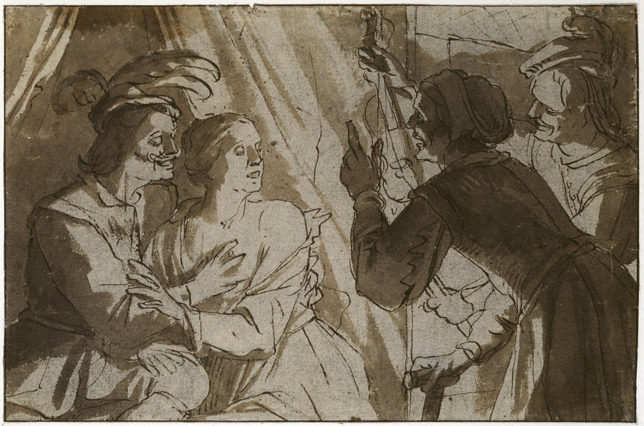 Den fortabte søn (pen og brunt blæk med vask over sort kridt på papir) af Gerrit van Honthorst