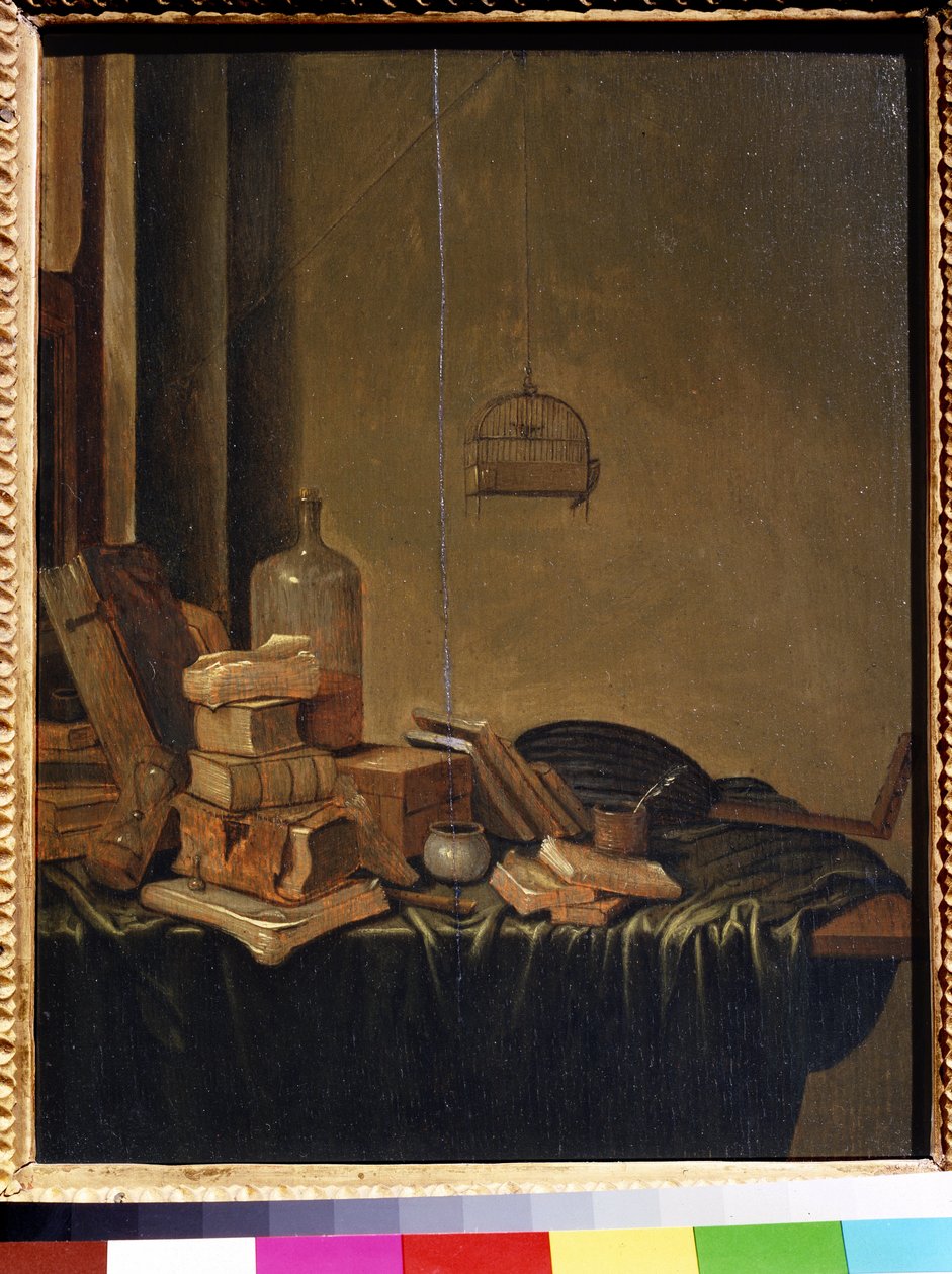 Stilleben med bøger. Maleri af Gerrit van Vucht (1600 eller 1620- ca. 1697). Olie på træ, 34 x 28 cm. 1600-tallets hollandske skole. Pushkin Museum of Fine Arts, Moskva. af Gerrit van Vucht