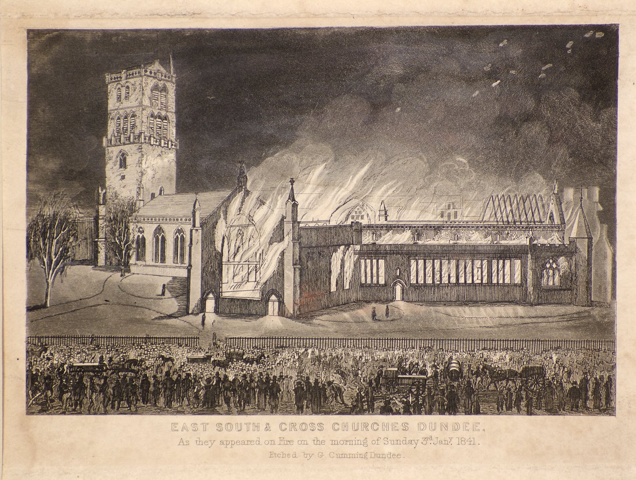 East, South & Cross Churches, Dundee, som de dukkede op i brand søndag den 3. januar 1841, ca. 1841 (radering) af Gershom Gourlay Cumming