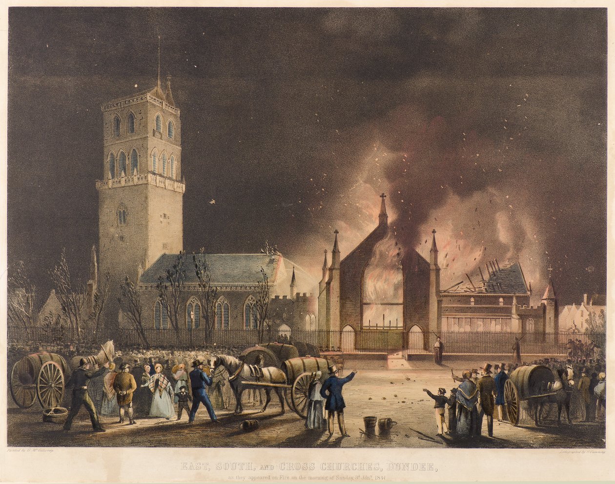 East, South og Cross Churches, Dundee, som de dukkede op i brand søndag den 3. januar 1841, ca. 1841 (litografi) af Gershom Gourlay Cumming