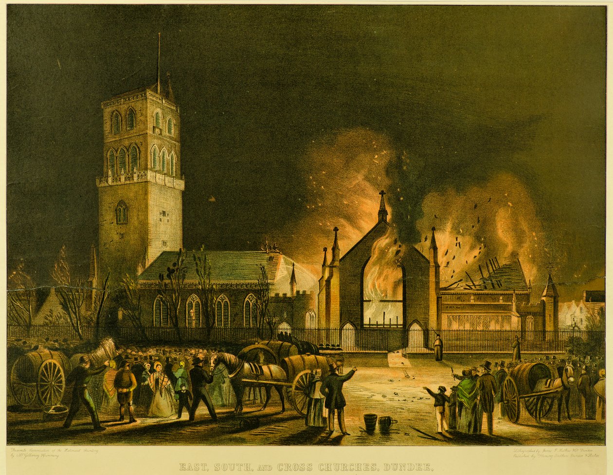 East, South og Cross Churches, Dundee [som de dukkede op i brand om morgenen søndag den 3. januar 1841] (efter George McGillivray), ca. 1841 (litografi) af Gershom Gourlay Cumming