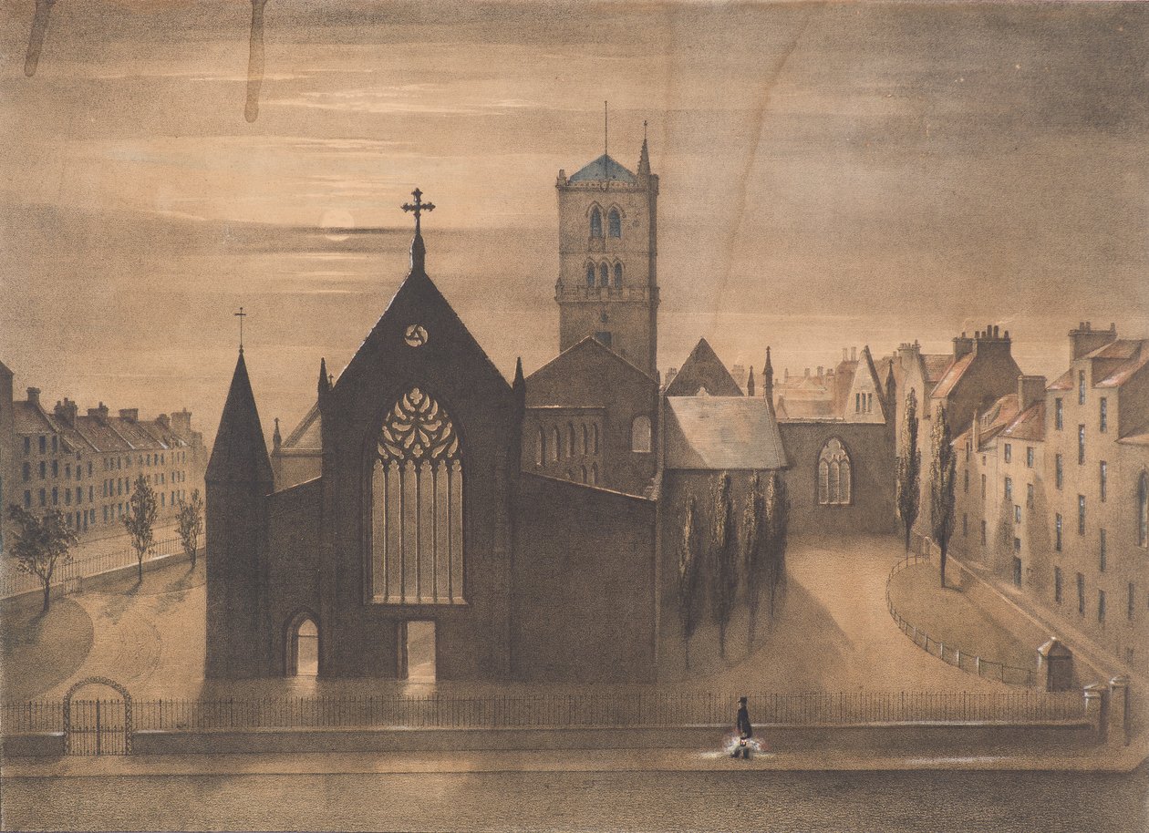 Moonlight View of East and Cross Churches, Dundee, som de så ud efter ildebranden den 3. januar, ca. 1841 (litografi) af Gershom Gourlay Cumming