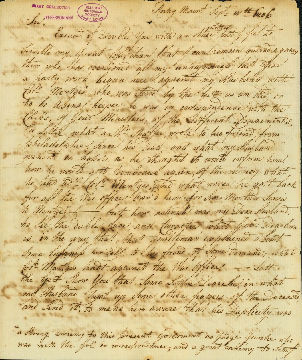 Brev underskrevet Gertrude Joan Senf, Rocky Mount, til Thomas Jefferson, 11. september 1806 af Gertrude Joan Senf