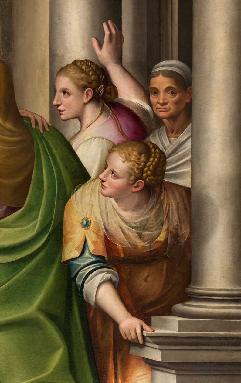 Sydkorsarm, besøgsalter, Detalje af altertavlen af Gervaso Gatti, Mariabesøget til kusine Elisabeth 1583, Detalje af altertavlen af Gervasio Gatti
